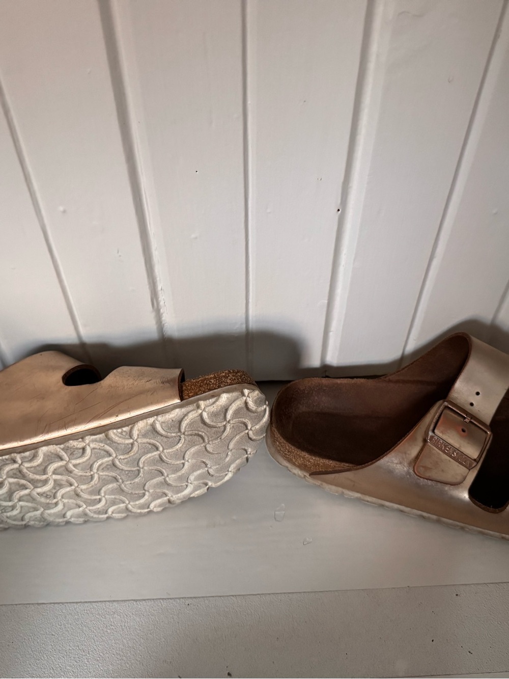 Birkenstock Metallic Rose Gold Slip-On Cork Sandals